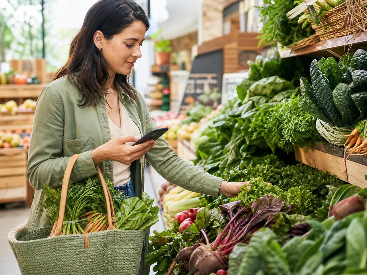 A shopper using a digital list to choose fresh produce